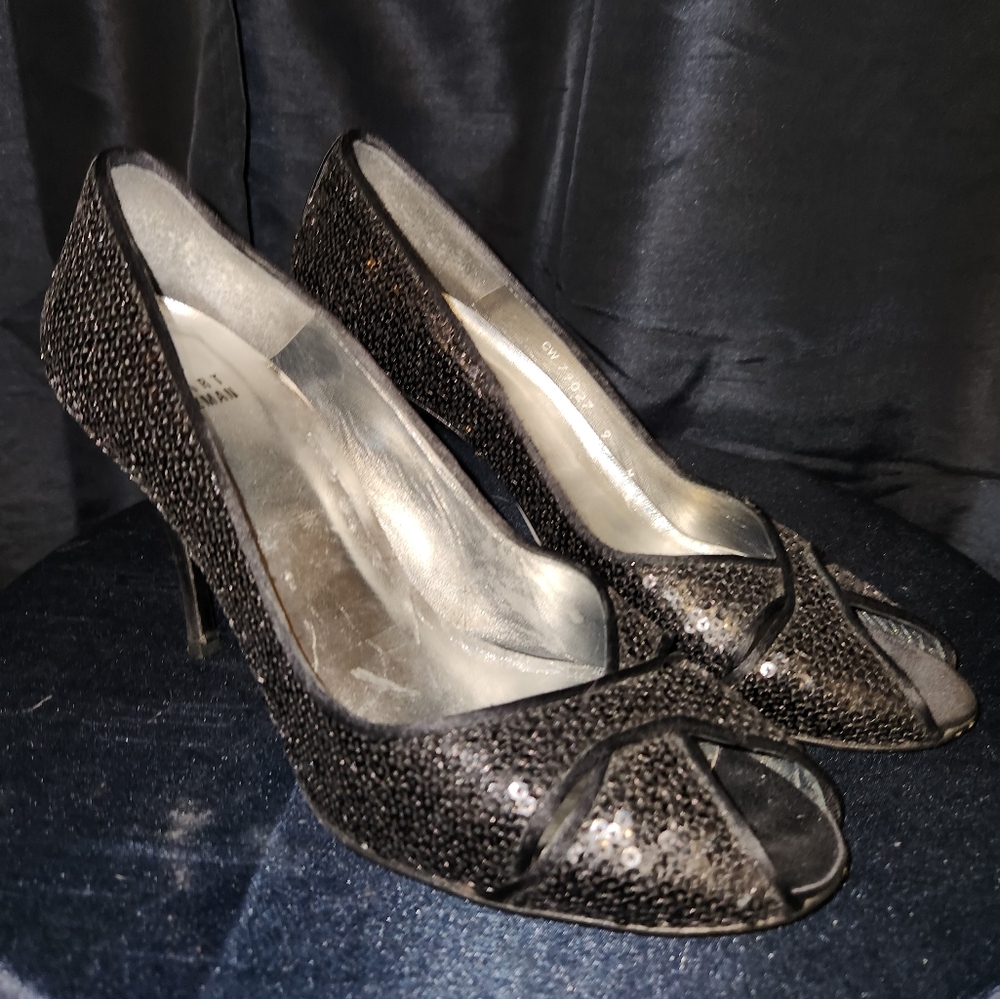 STUART WEITZMAN Black Sequin Peeptoe Heels Sz 9